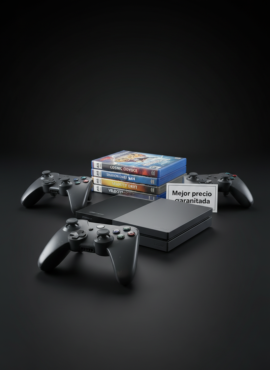 A close-up of a used but well-maintained game console and accessories arranged on a matte black surface: a compact, slightly matte-finished console with minimal edge wear, two controllers with subtle thumbstick polish, and a small stack of game cases with gently worn corners and vibrant covers. A printed tag reading “Mejor precio garantizado” rests beside them. Cool, focused studio lighting from above and behind creates a sleek gradient across the black surface and a soft rim light outlining the devices, conveying a modern, high-tech feel. The mood is dynamic yet professional, suggesting value and speed. The shot is eye-level and tightly framed, with shallow depth of field that keeps the front controller in sharp focus while the rest gradually blurs into a smooth bokeh.