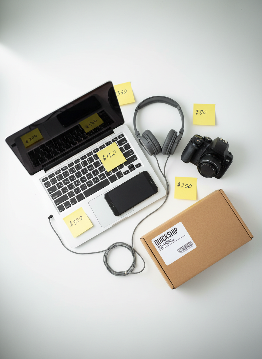 A neatly arranged flat lay of assorted used electronics on a clean white desk surface: a gently worn silver laptop with faint keyboard shine, a slightly scuffed smartphone with a glossy black screen, a pair of over-ear headphones with soft, creased leather pads, and a compact DSLR camera with minor cosmetic marks on the lens ring. Around them lie small sticky notes with simple price tags and a slim cardboard shipping box with printed labels. Soft studio lighting from the left creates clean highlights and controlled shadows, emphasizing texture without harsh contrast. The mood is professional and trustworthy, suggesting quick, secure buying. Shot from a straight-down, bird’s-eye view with photographic realism and a clean, modern aesthetic, with a subtly blurred edge vignette to focus attention on the items in the center.