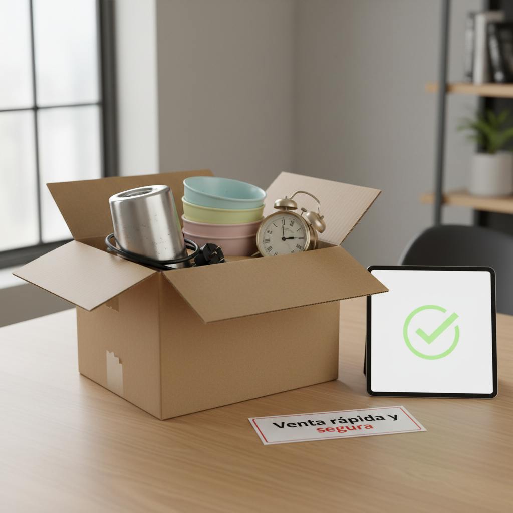 A sturdy, medium-sized cardboard box partially open on a smooth light-wood table, filled with carefully wrapped used household items: a stainless steel blender base with minor surface scratches, a stack of pastel ceramic bowls with slightly faded rims, and a vintage alarm clock with a brushed metal finish. Beside the box sits a printed “Venta rápida y segura” label and a sleek tablet displaying a stylized checkmark on a bright, minimalist interface. Diffused daylight from a nearby window bathes the scene, creating soft reflections on metal and gentle shadows under the box. The atmosphere is efficient and reassuring, emphasizing ease and safety. Photographic realism, captured at a slightly elevated three-quarter angle with moderate depth of field so the background fades into a soft, neutral blur.